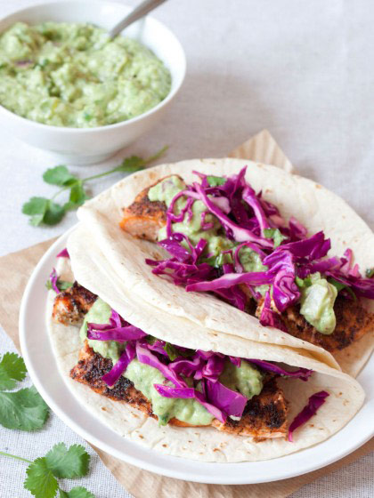 Salmon Tacos with Avocado-Tomatillo Salsa