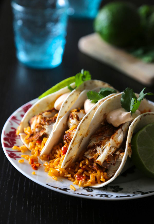 Spiced Barramundi Fish Tacos with Spanish Rice and Chipotle Cream