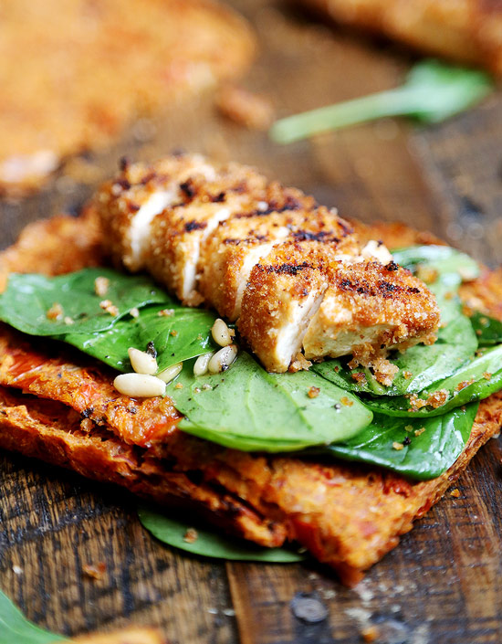 Instead of grilled chicken salad, make these Grilled Breaded Tofu Steaks with Spinach Salad
