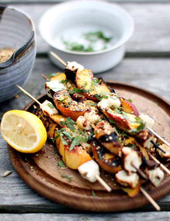 Instead of ham and pineapple skewers, try these Grilled Halloumi and Peach Skewers with Dukkah