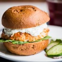 Salmon Burgers with Quick-Pickled Cucumber Salad