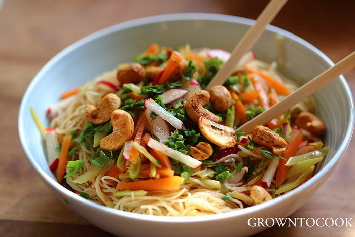 Chinese Noodle Salad with Citrus, Snow Peas, and Spicy Cashews