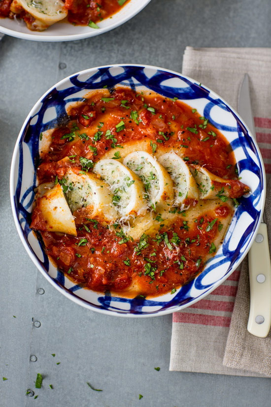Stuffed Calamari with Tomato Sauce and Polenta