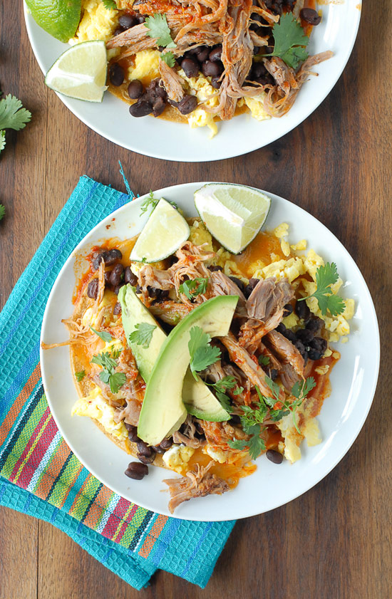 Spicy Shredded Pork Breakfast Tostadas