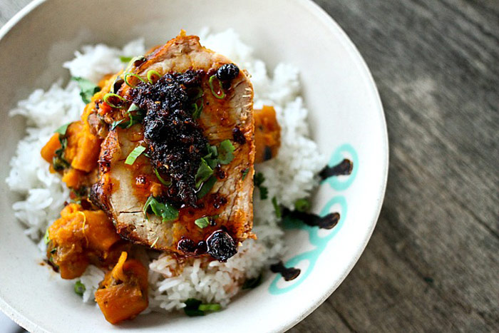 Slow Cooker Peach Salsa Pork Roast with Sweet Potatoes