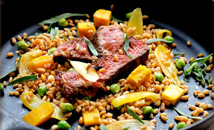 Warm Steak and Farro Salad with Roasted Beets, Onions and Chickpeas