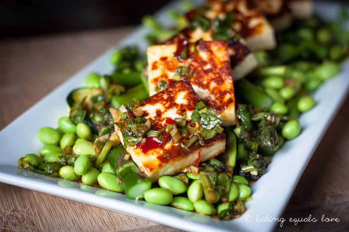 Grilled Paneer, Edamame, and Asparagus Salad with Soy Coriander Vinaigrette